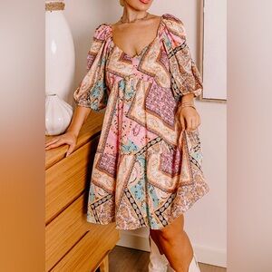 Meritt Babydoll Dress Sz 3X Boho Western Satin Paisley Patchwork Festival Girly